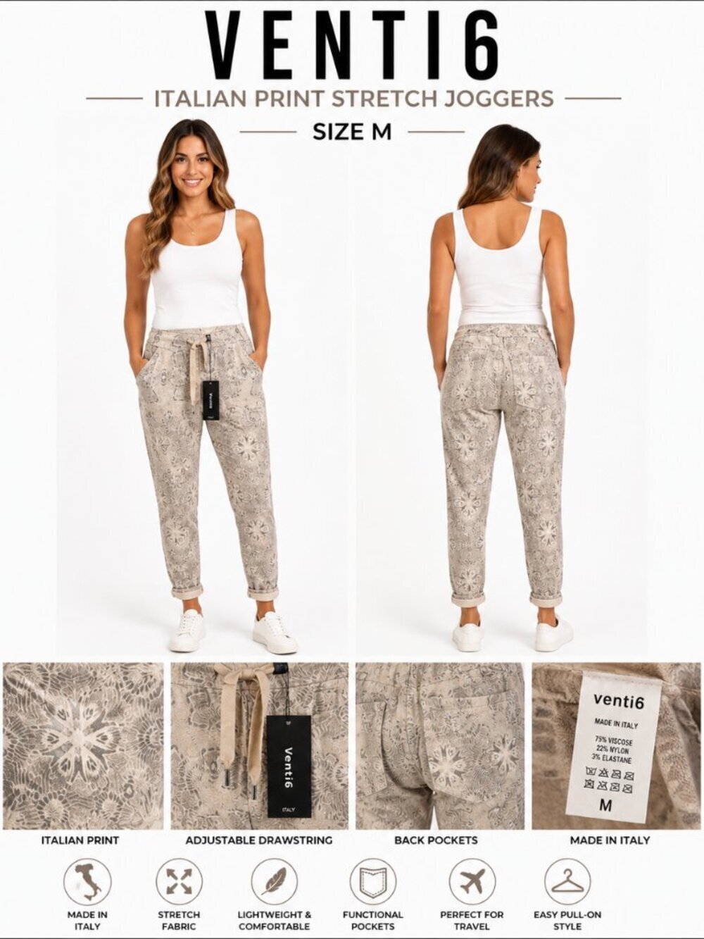 VENTI6 ITALIAN PRINT STRETCH JOGGERS M